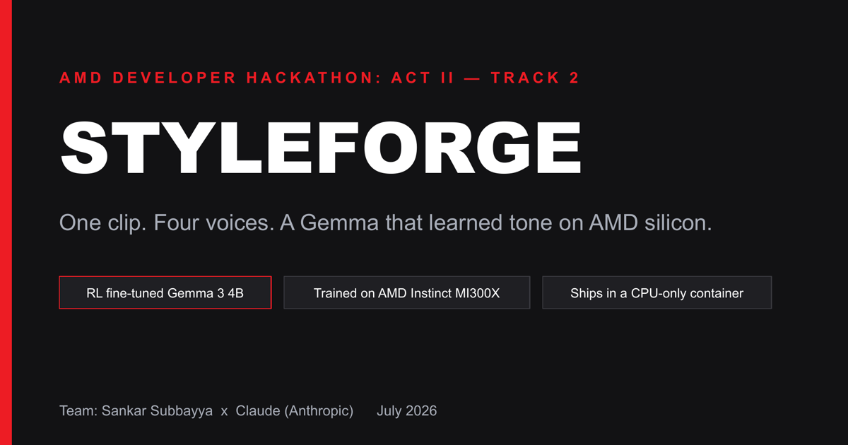 StyleForge title slide — one clip, four voices, an RL-tuned Gemma on AMD silicon.